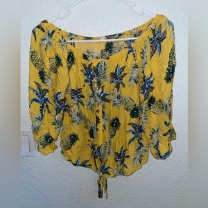 Blush BJ yellow tropical blouse. Off shoulder and tie front